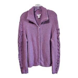 SUNDANCE XL Cardigan Sweater Purple Snaps Decorative Lace Up Sleeve Lambswool 42
